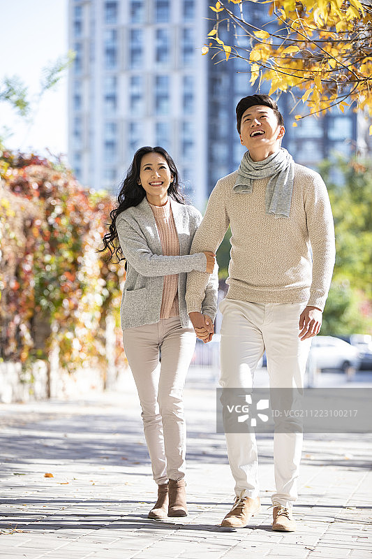 快乐的年轻夫妇秋日漫步图片素材