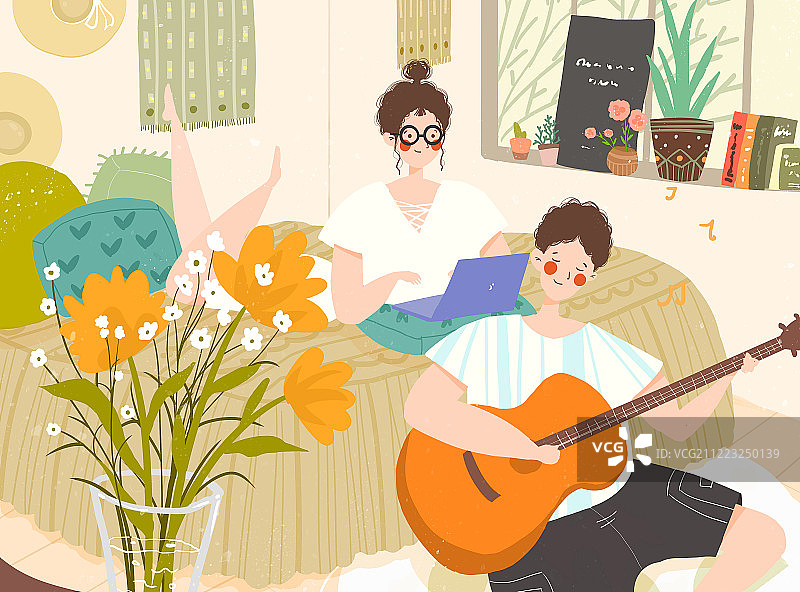 可爱情侣日常极简风手绘插画图片素材