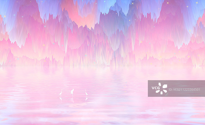 渐变色的小森林下有一条河流缓缓地流动，几只鸟在水里捉鱼插画背图片素材