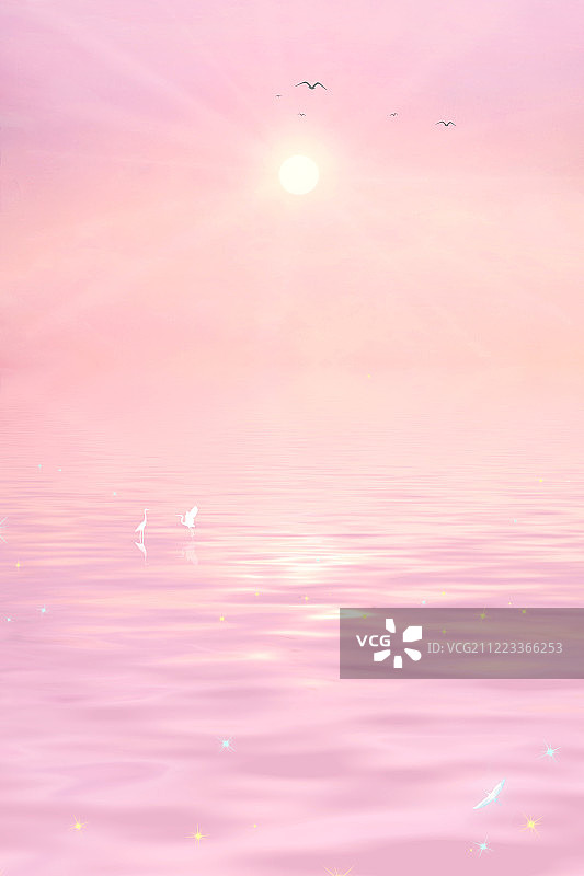 早晨太阳挂在粉色的天空上，几只海鸥停在暗礁上捉鱼插画背景海报图片素材