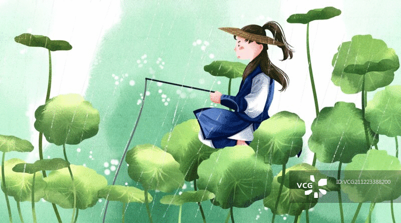 水彩风格古风娃娃与植物二十四节气雨水插画动图图片素材