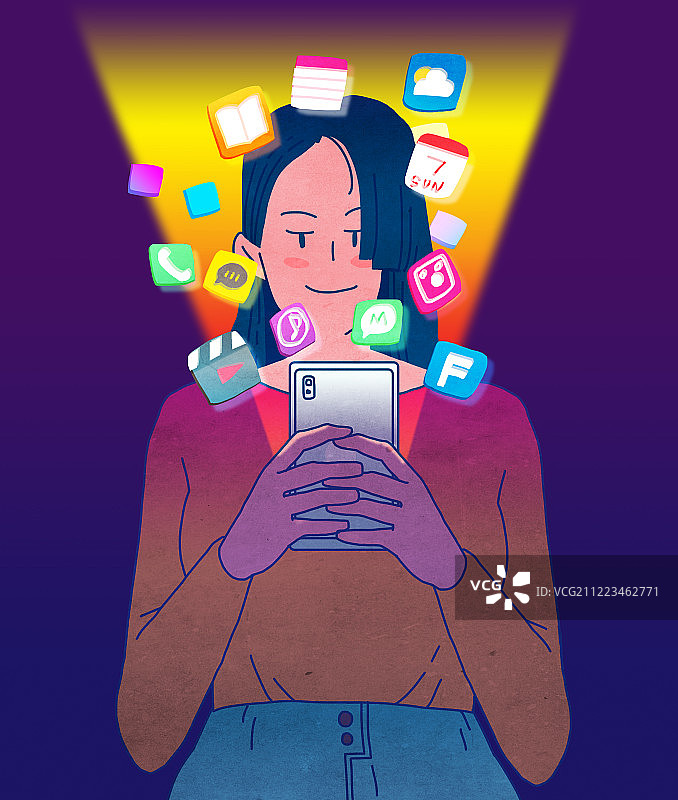 插画：智能手机、生活方式、社交媒体、信息媒介、应用程序、移动支付图片素材