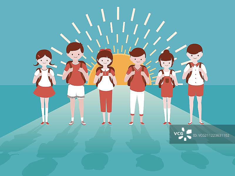 多个儿童学生背书包上学矢量图图片素材