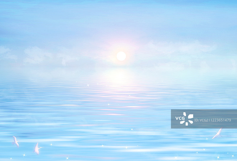 蓝色的天空下太阳从海平面升起，平静的海洋发出淡淡的光彩插画背图片素材