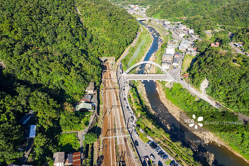 山脉铁道河流村镇航拍图片素材