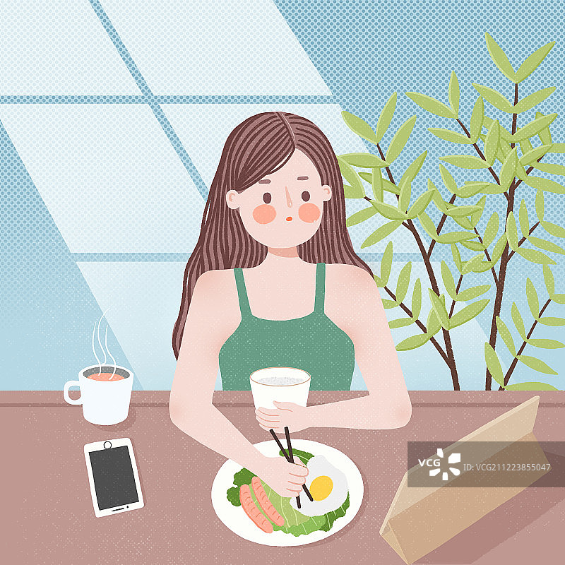 唯美清新女孩吃饭插画图片素材