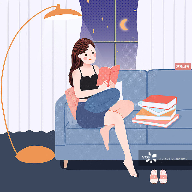 夜晚女孩看书插画图片素材