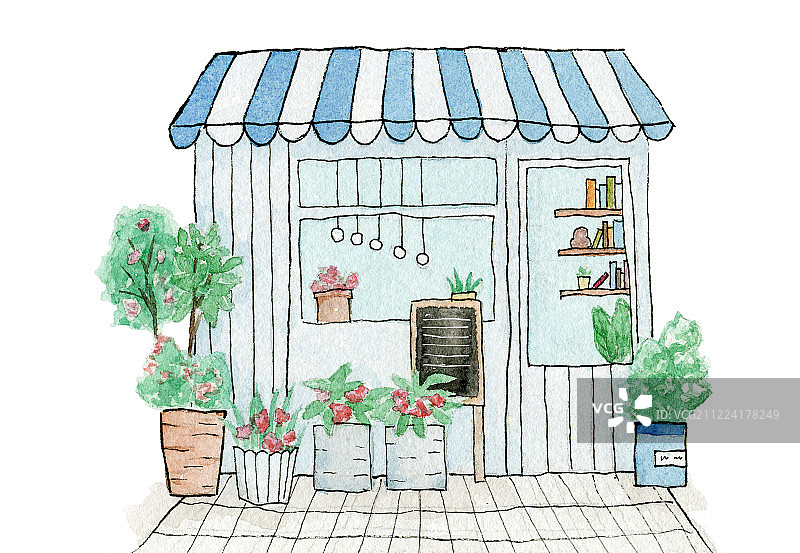 水彩手绘 一件蓝色温馨风格的店面图片素材