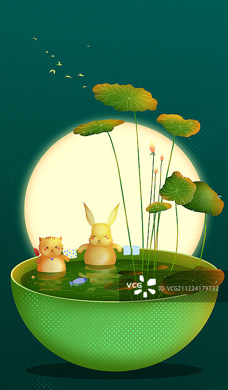 夏天荷花池中泡澡的可爱动物创意插画图片素材