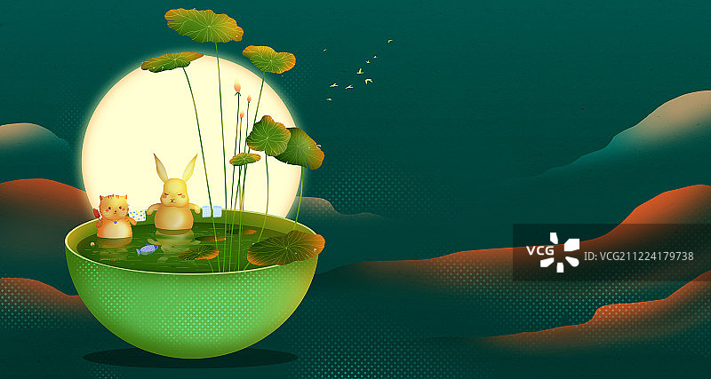 夏天荷花池中泡澡的可爱动物创意插画图片素材