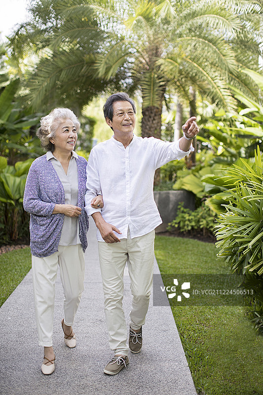 快乐的老年夫妇在庭院散步赏景图片素材