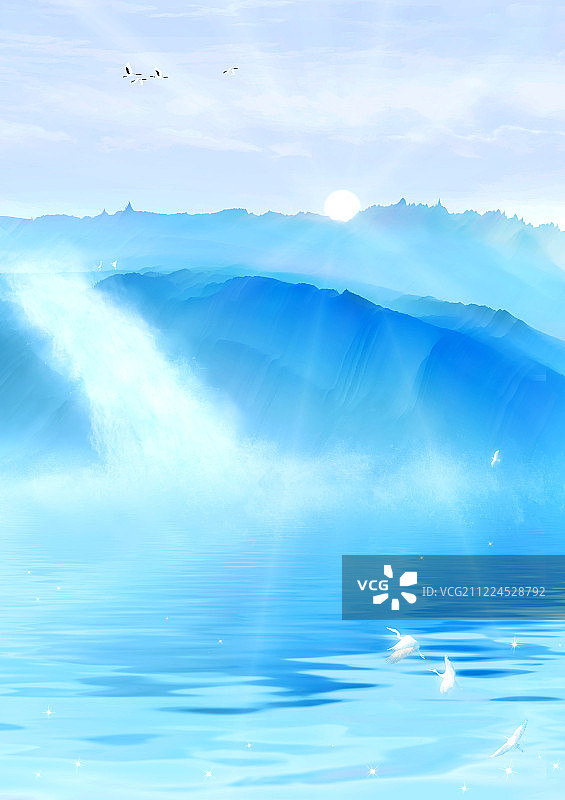 早晨太阳升起，森林里的瀑布从山峰高处流下插画背景海报图片素材