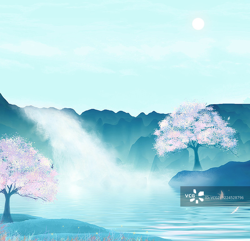 森林瀑布从山峰高处流下，岸边的树木倒映在水中插画背景海报图片素材