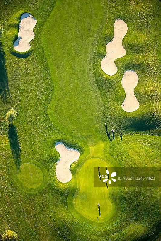 高尔夫球手在草坪、沙坑上，位于德国北莱茵-威斯特法伦州图片素材