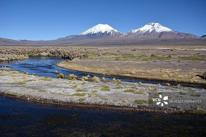 萨哈马国家公园的波梅拉佩和帕里纳科塔雪火山（玻利维亚和智利边境）图片素材