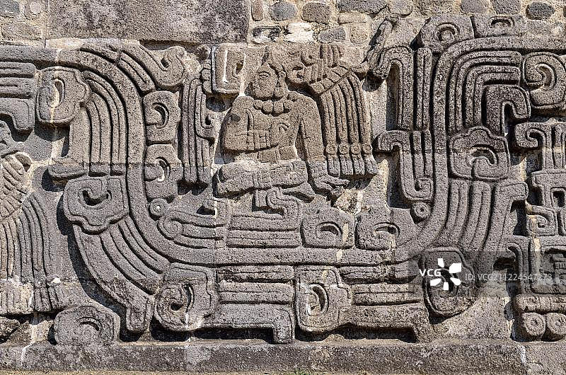 羽蛇金字塔的浮雕，细节，霍奇卡尔科遗址，库埃纳瓦卡，莫雷洛斯，墨西哥，中美洲图片素材