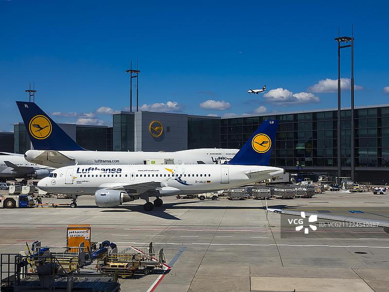 汉莎航空飞机，法兰克福机场，德国黑森州法兰克福图片素材