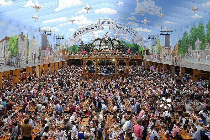 哈克-普朔尔啤酒帐篷内部照片，慕尼黑啤酒节，巴伐利亚，德国，欧洲图片素材