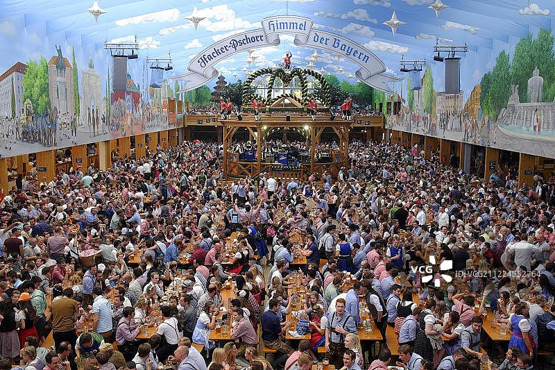 哈克-普朔尔啤酒帐篷内部照片，慕尼黑啤酒节，巴伐利亚，德国，欧洲图片素材