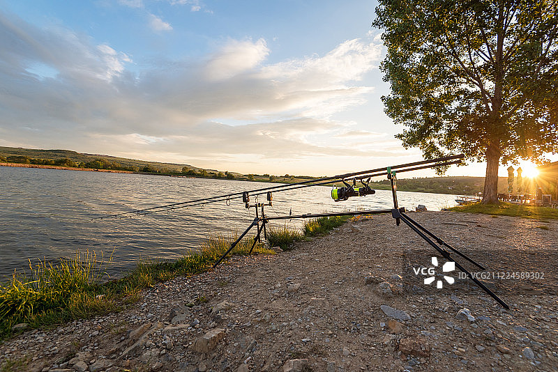 钓鱼探险：日落时分钓鲤鱼图片素材