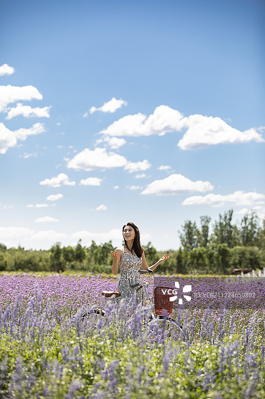 年轻女孩在户外骑自行车图片素材