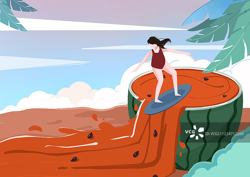 冲浪的女孩扁平风格原创插画图片素材