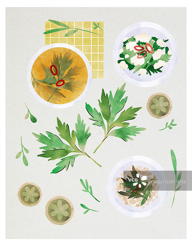 食物、春天、顶角拍摄、时令食物、叶子、艾草、味噌汤图片素材