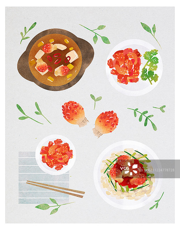 食物、春天、顶角拍摄、时令食品、叶子、海鞘、海鞘拌饭图片素材