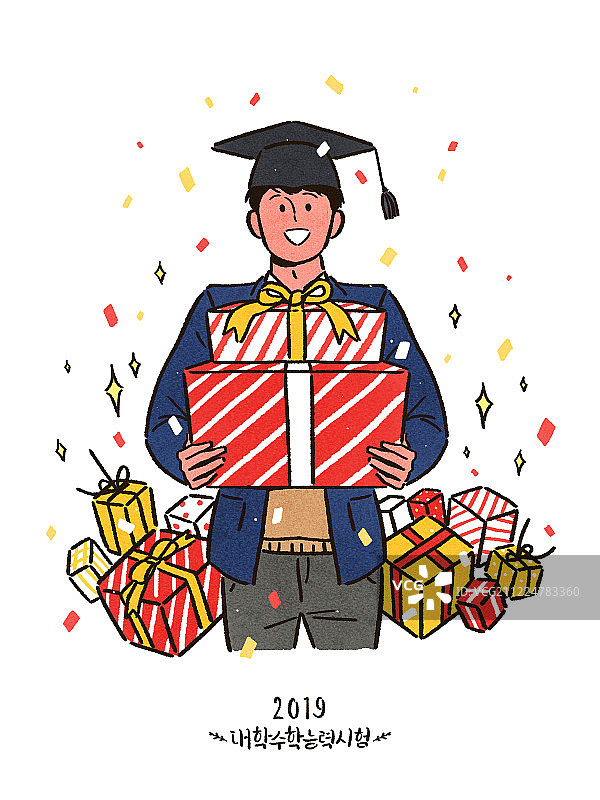 高中生参加高考，身穿校服，考生参加庆祝活动，男学生与校长，花粉和礼品图片素材