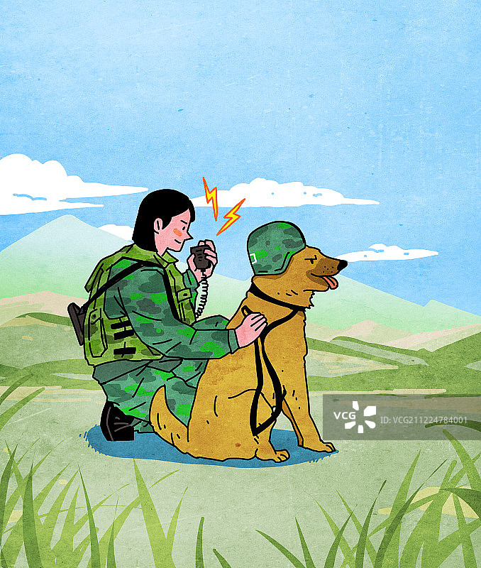 生活方式，人物，职业，青年，专业工作，士兵，军装，女人，狗，军犬，对讲机图片素材