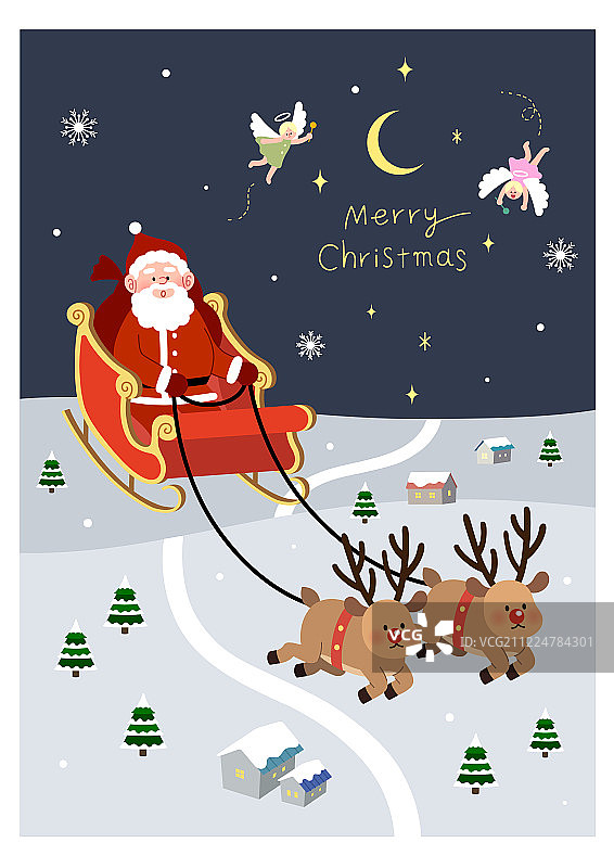 庆祝活动：圣诞节、冬季、人物、圣诞老人、驯鹿、雪橇、仙女、夜晚图片素材