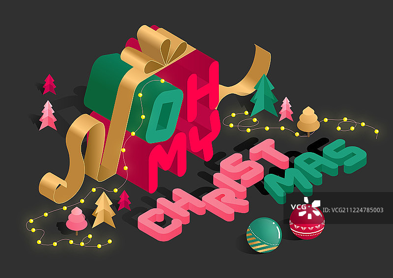 圣诞节、年度活动、商业活动、冬季排版、2.5D等距、灯光圣诞装饰圣诞树图片素材