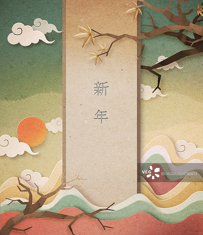 新年剪纸图案：山、太阳和韩式纹样图片素材