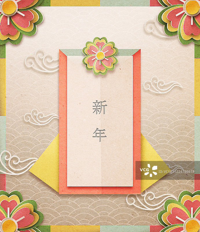 新年框架剪纸：韩国传统图案贺卡花朵图片素材
