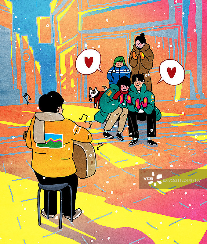 生活方式、冬季、人物、保暖服装、雪、街头表演、观众图片素材