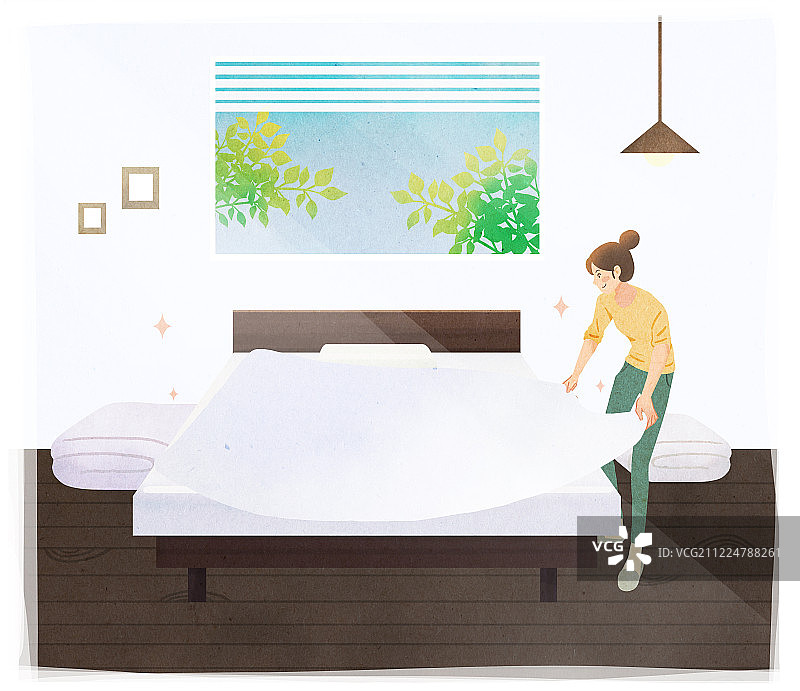 新年决心：成就、生活方式，年轻女人整理床铺图片素材