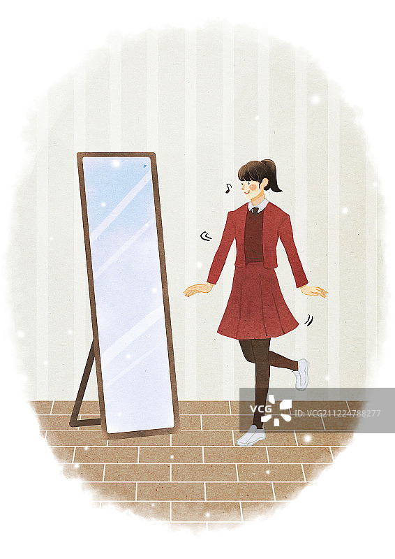 生活方式：学生，开学，校服，镜子，音符，全身镜，女孩图片素材