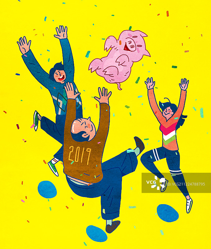 跳跃欢呼庆新年2019猪年图片素材
