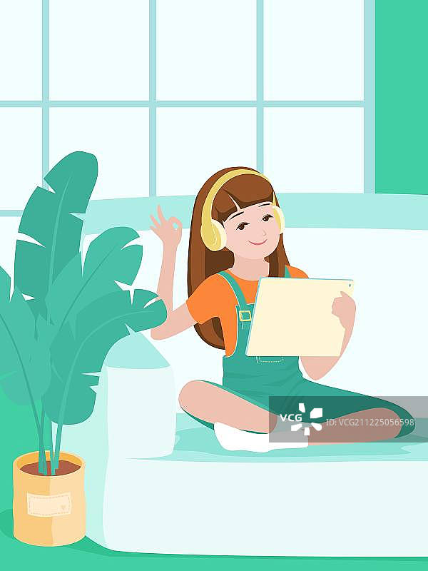 儿童在线教育耳机平板电脑英语学习矢量图图片素材