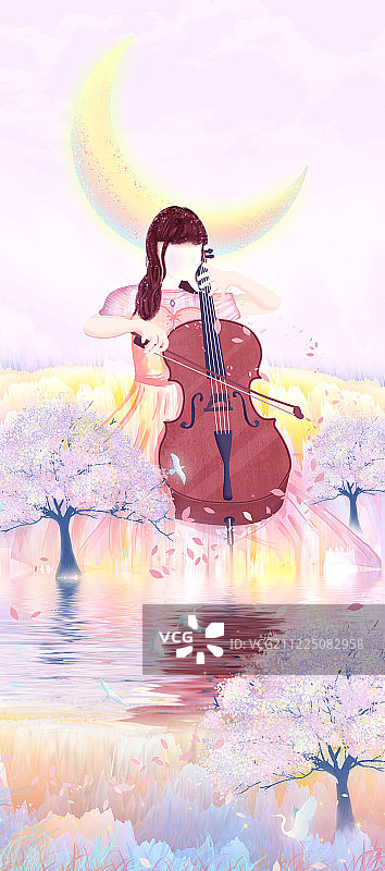 晴朗天空下月亮悬浮半空中，美丽少女在演奏大提琴插画背景海报图片素材