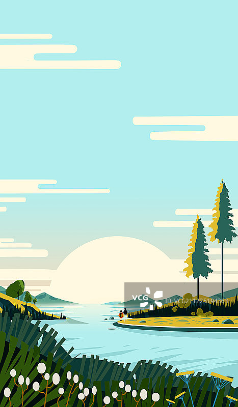 绿色植物山水风景几何扁平插画 旅游的情侣图片素材