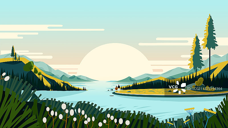 绿色植物山水风景几何扁平插画 旅游的情侣图片素材