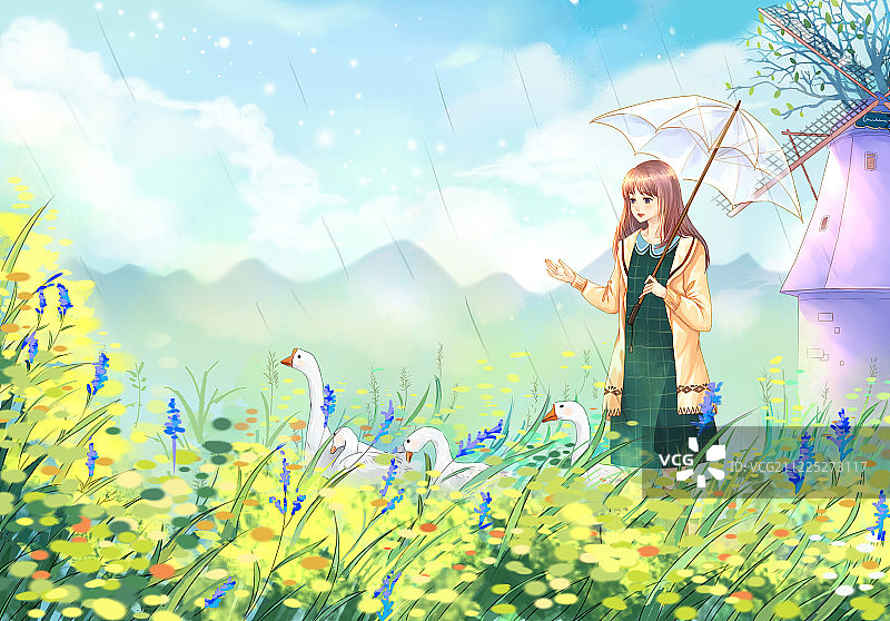 花丛中打着伞放鹅的女孩图片素材