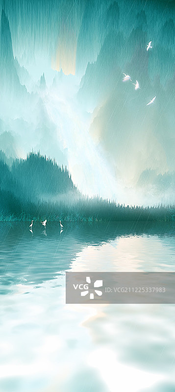 夏天小鸟飞过平静的湖面，瀑布从山峰流下中国风插画背景海报图片素材