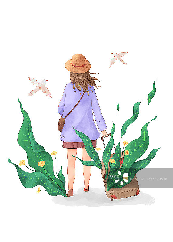 女孩旅行插画1白底鸟图片素材