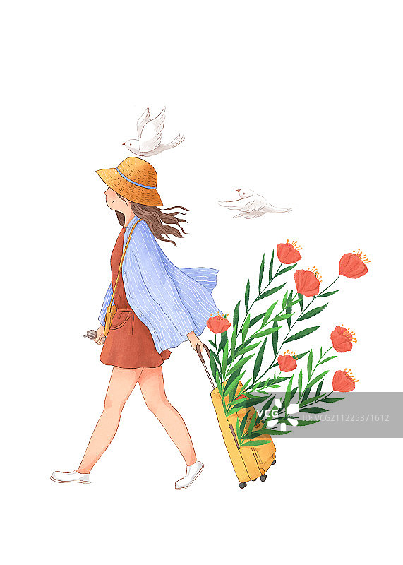 女孩旅行插画2白底图片素材