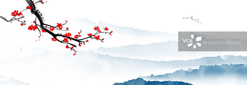水墨插画傲雪红梅风景大壁纸图片素材