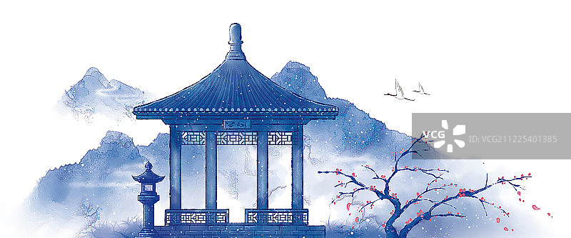 手绘中国风青花古代建筑系列图片素材