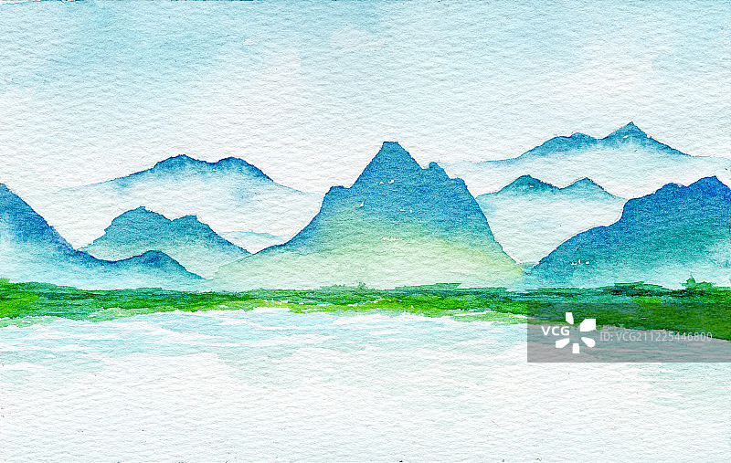 手绘水彩插画 中国风山水写意画图片素材