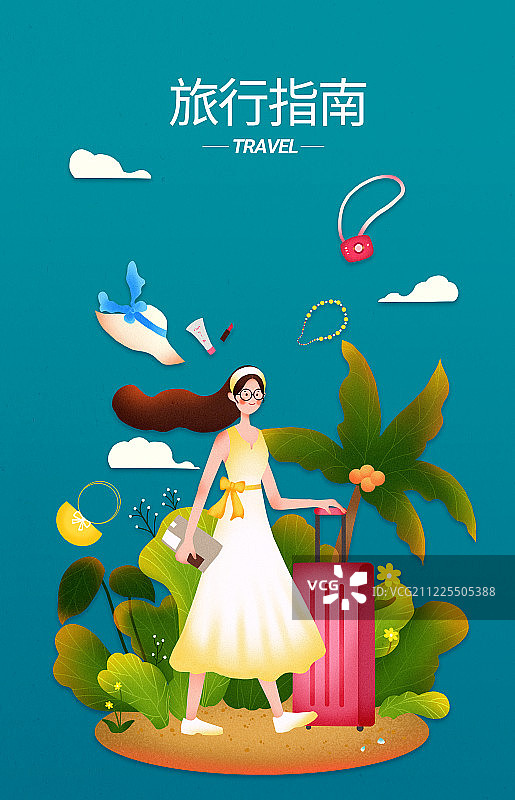 手提行李箱旅行的女孩 旅行指南插画图片素材